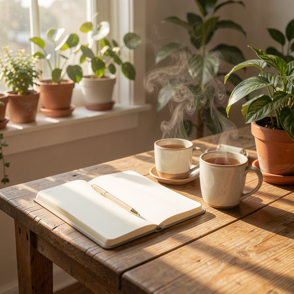 Mindful morning routine with journal and peaceful environment